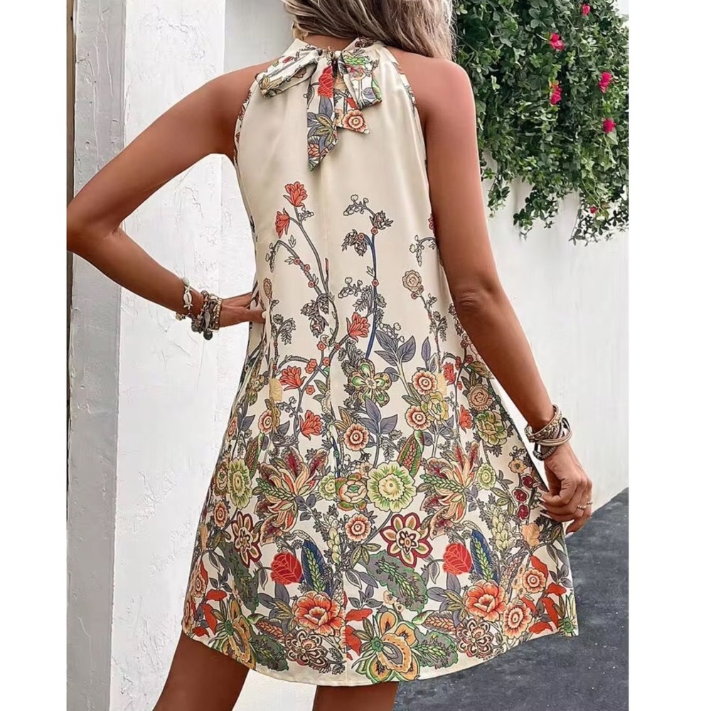Seasty Women Shift Dress Sz XL Floral Apricot Halte Neck Botanical Print Boho - Picture 4 of 13